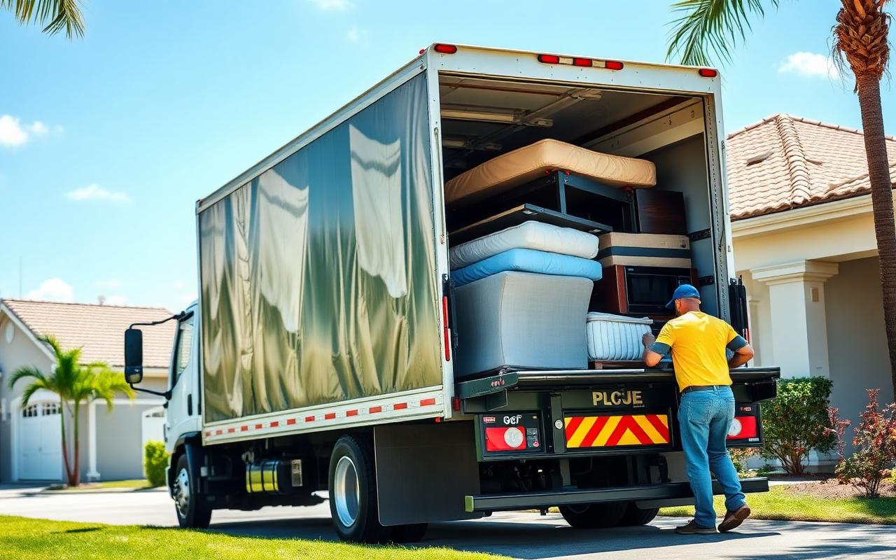 Loaded junk removal truck at residential home